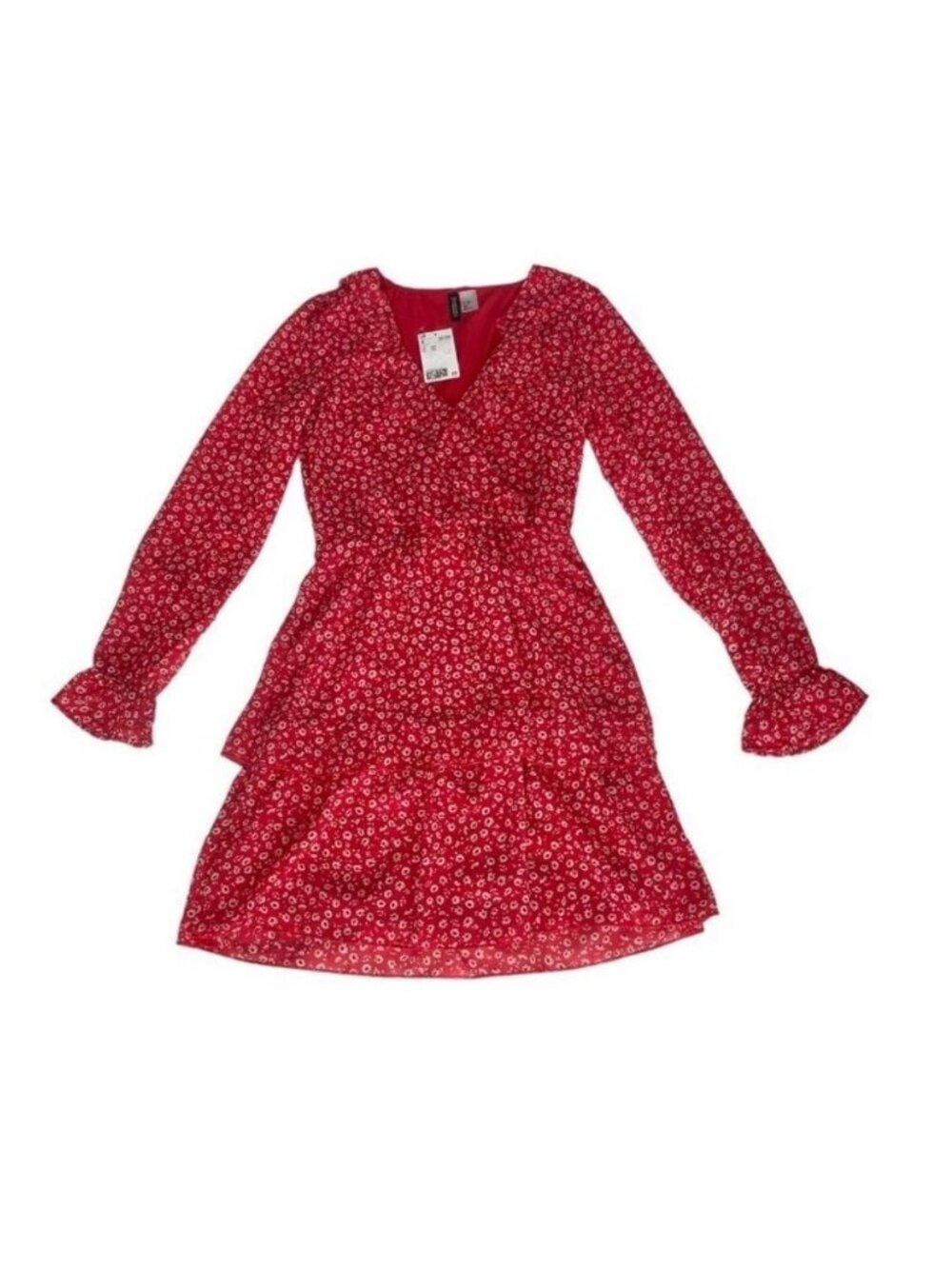 H&M Divided Red Floral Long-Sleeve Tiered Mini Dress XXS NWT - Picture 10 of 13